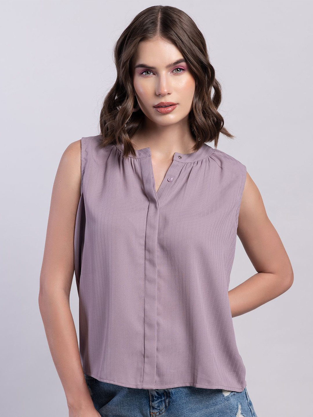 

FabAlley Solid Gathered Shirt Style Top, Purple