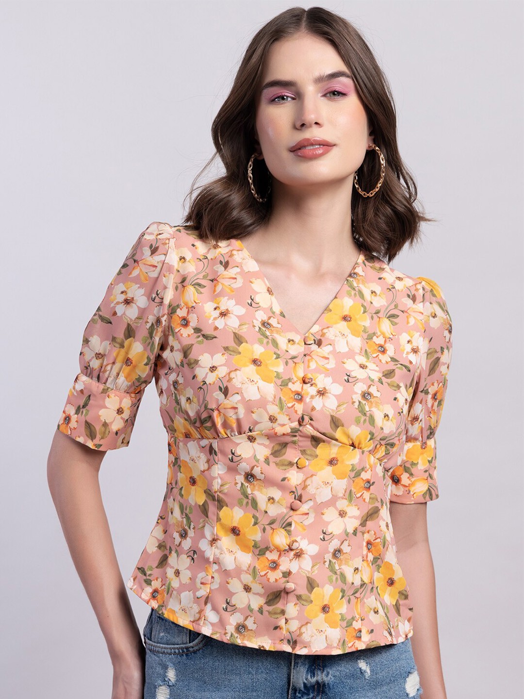 

FabAlley Peach Floral Printed V-Neck Cuffed Sleeves Regular Top