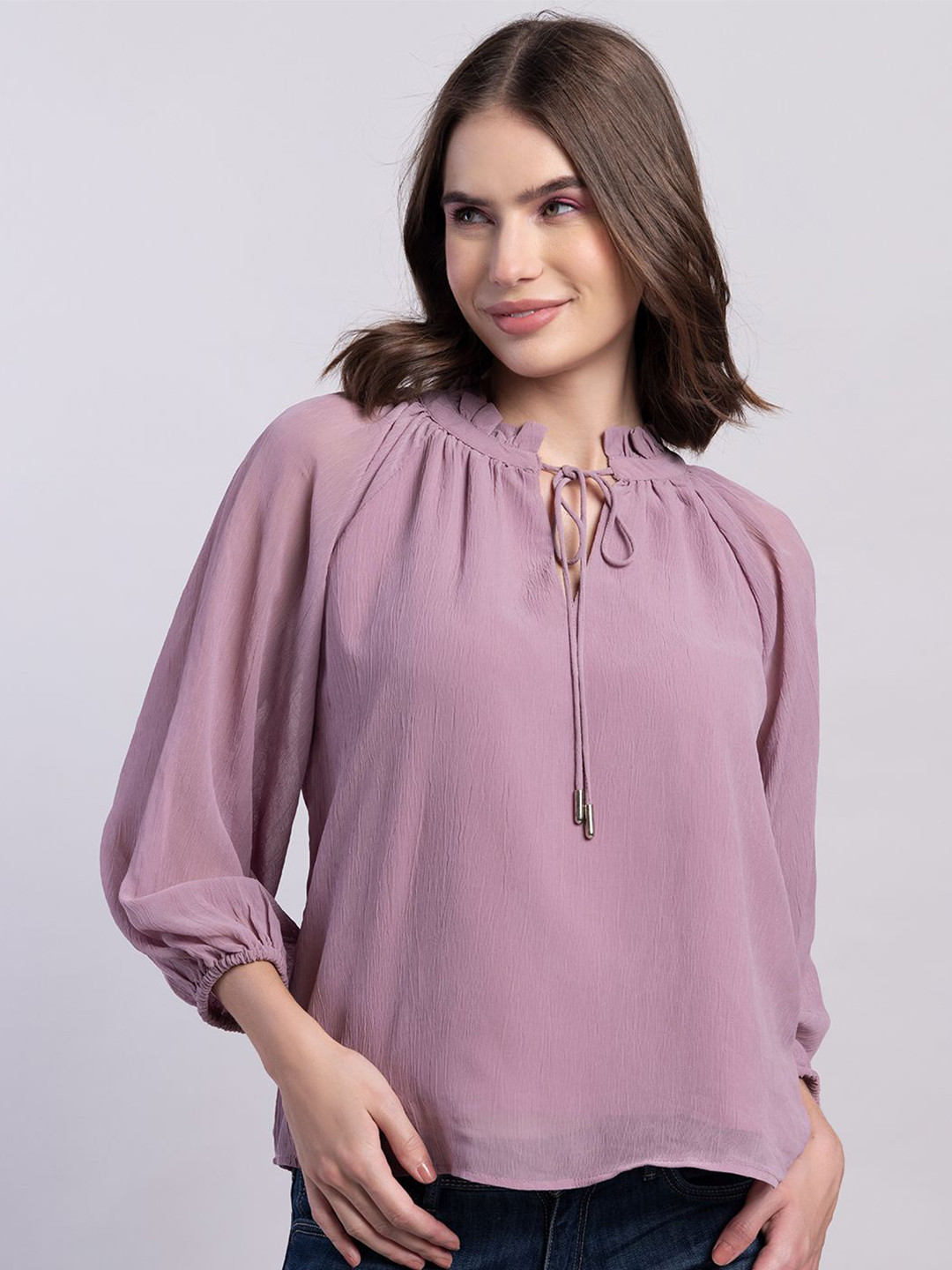 

FabAlley Solid Tie-Up Neck Top, Purple