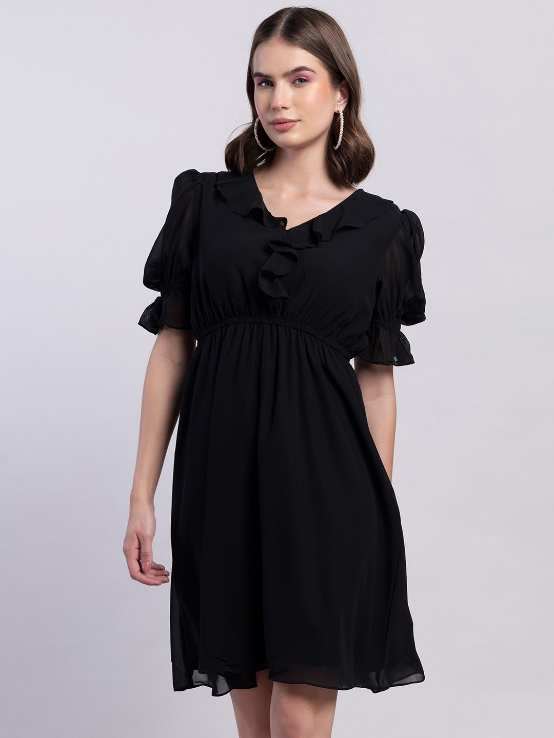 

FabAlley Black Puff Sleeve Georgette Empire Dress