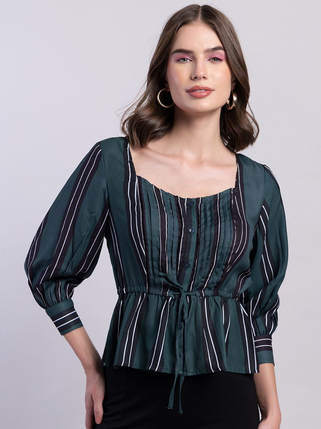 

FabAlley Green Vertical Striped Cuffed Sleeves Tie-Up Waist Peplum Top