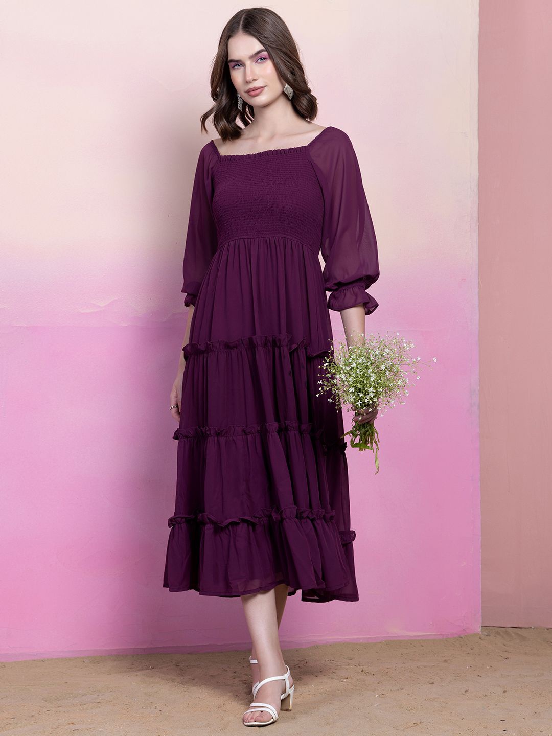 

FabAlley Purple Puff Sleeves Georgette Fit & Flare Tiered Midi Dress