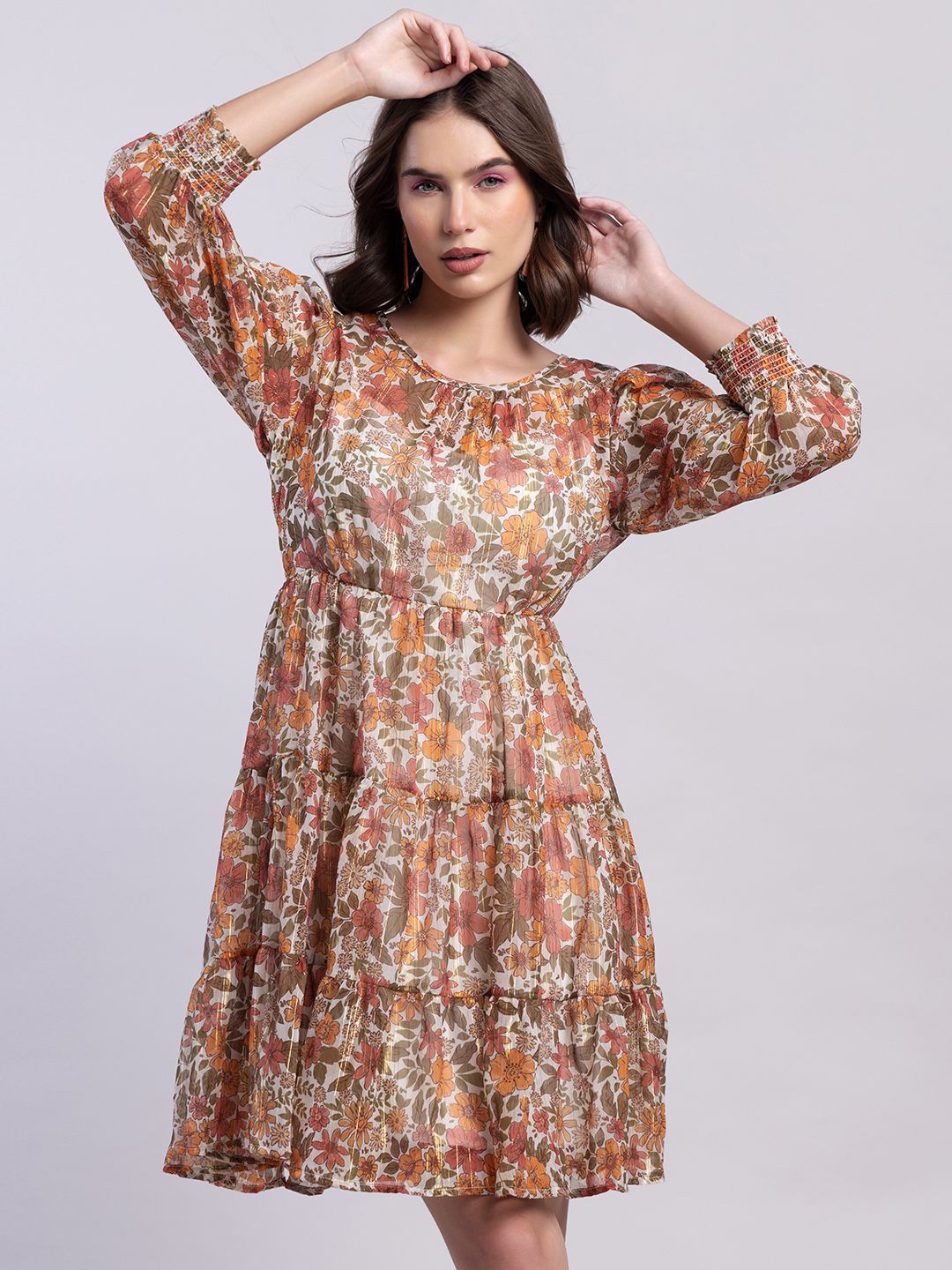 

FabAlley Floral Print Puff Sleeve Georgette Fit & Flare Dress, Yellow