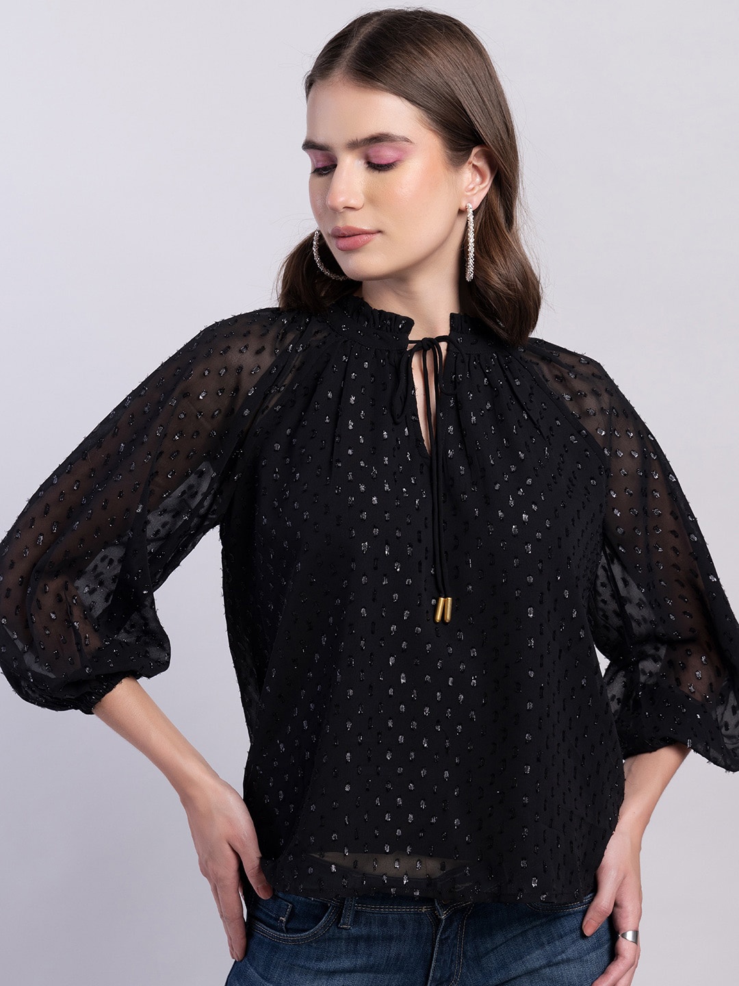 

FabAlley Black Self Design Tie-Up Neck Raglan Sleeves Regular Top