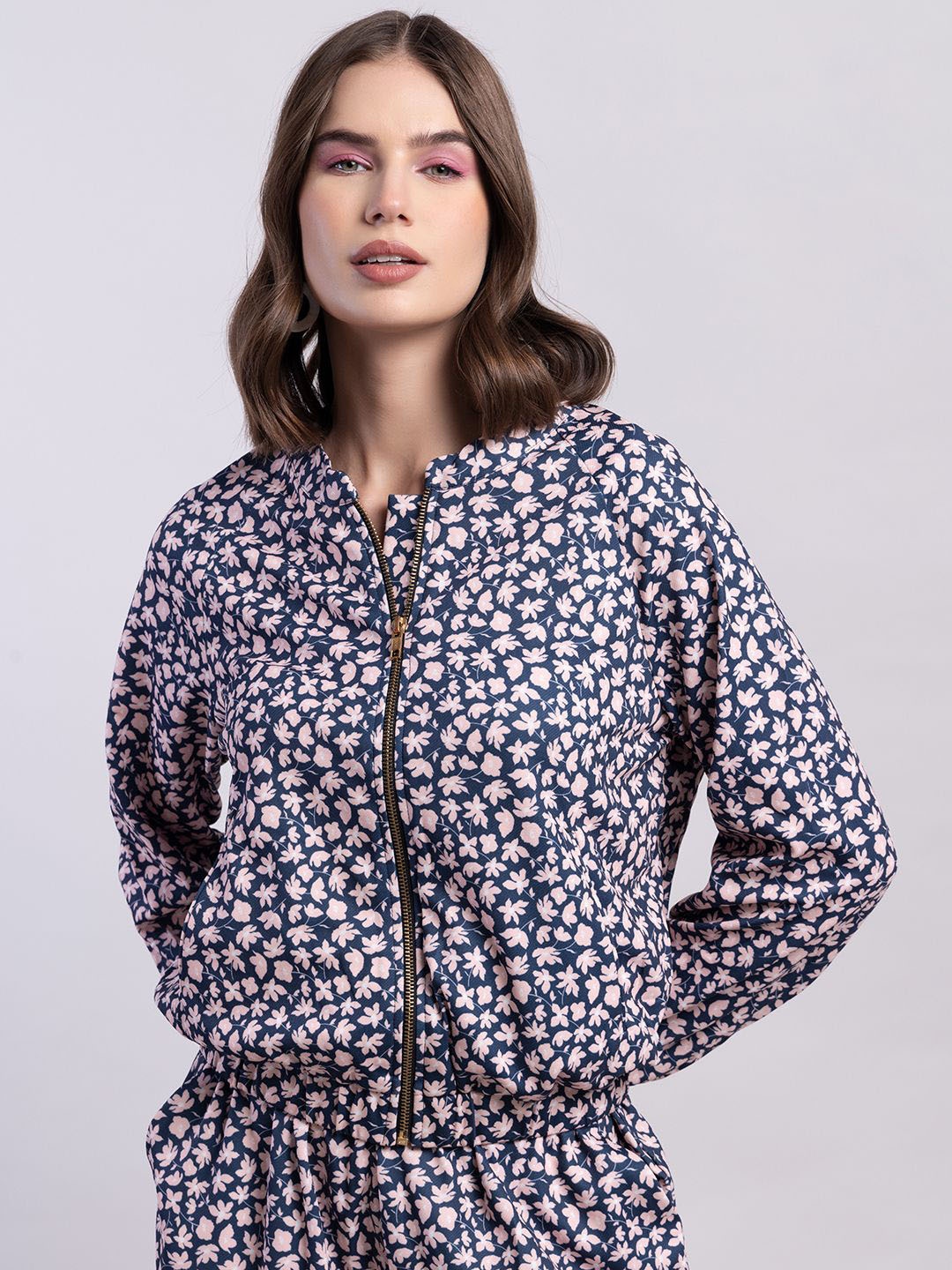 

FabAlley Floral Printed Mandarin Collar Zippered Open Front Jacket, Blue