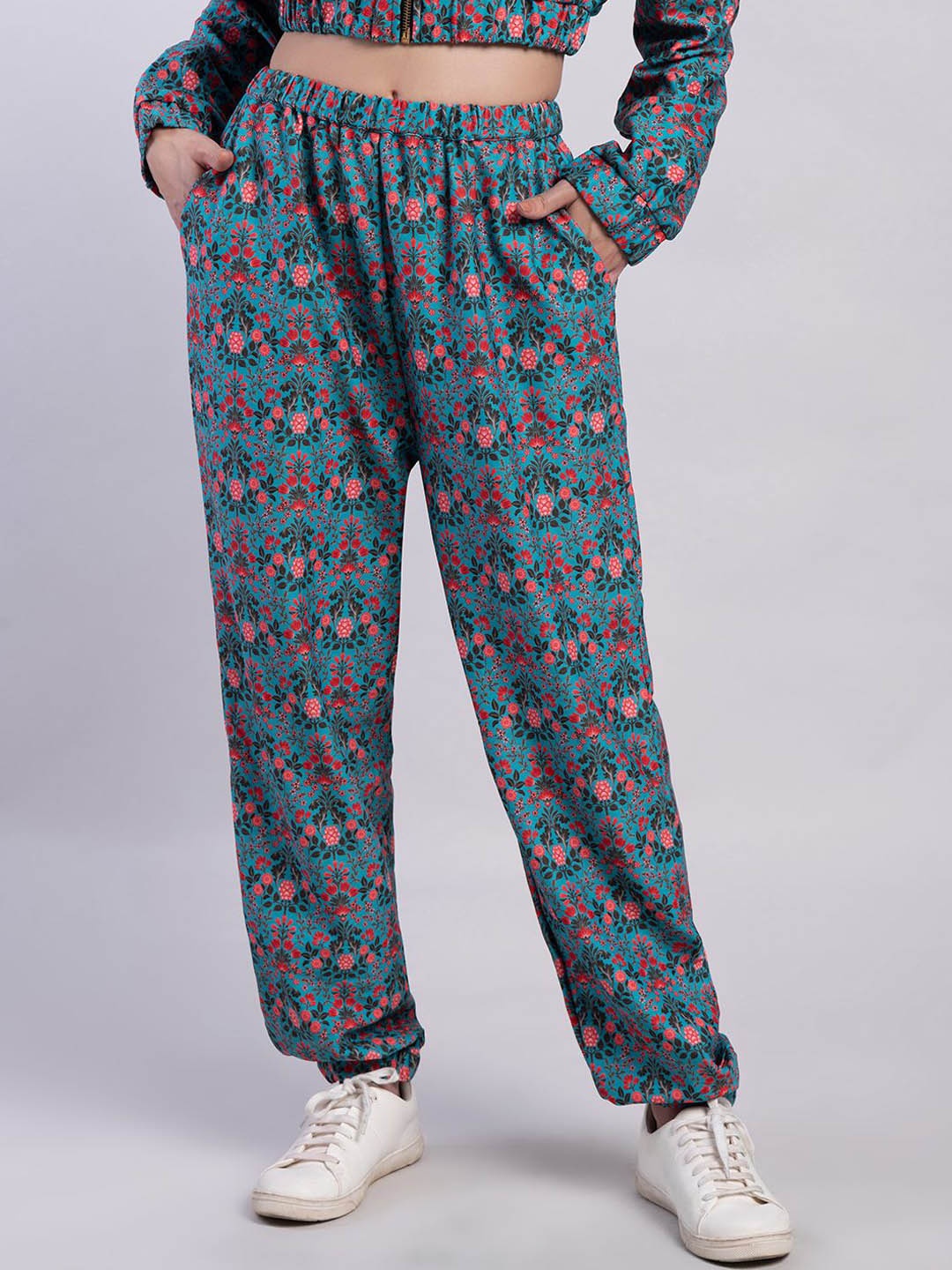 

FabAlley Women Blue & Red Floral Printed Joggers Trousers