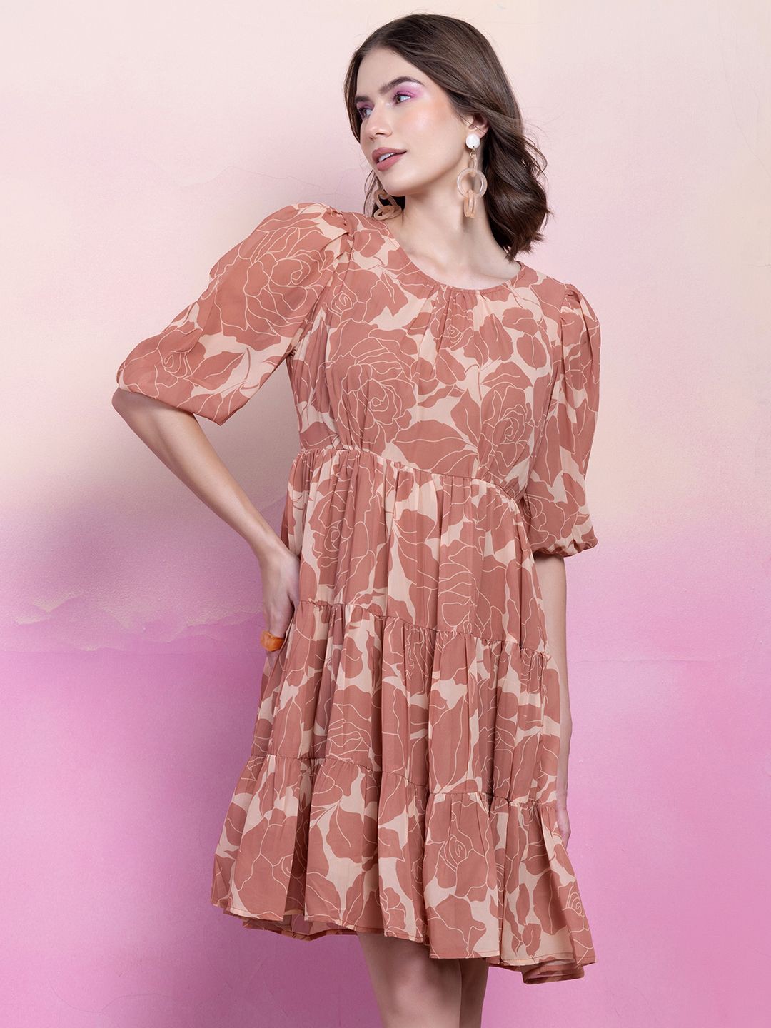 

FabAlley Orange Floral Print Puff Sleeve Georgette Fit & Flare Dress