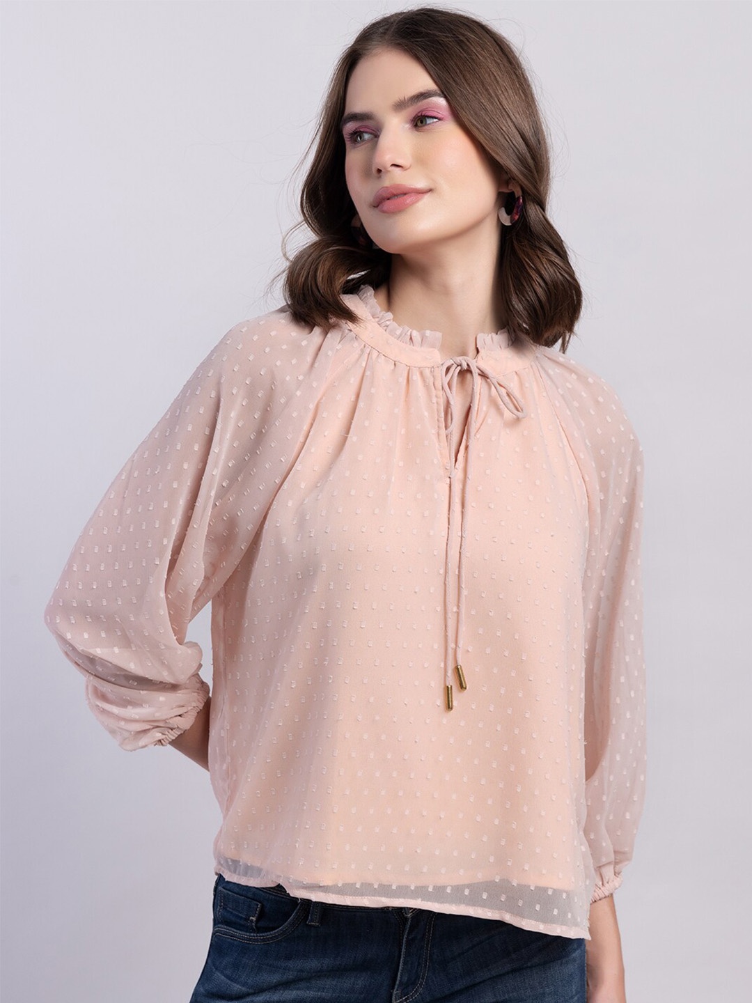

FabAlley Pink Self Design Tie-Up Neck Raglan Sleeves Regular Top