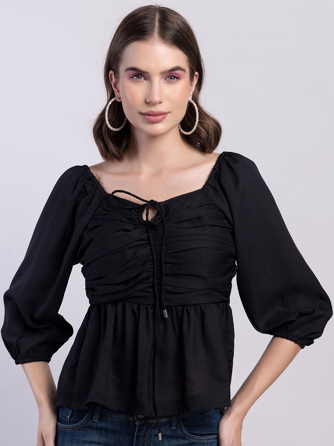 

FabAlley Tie-Up Neck Puff Sleeve Peplum Top, Black