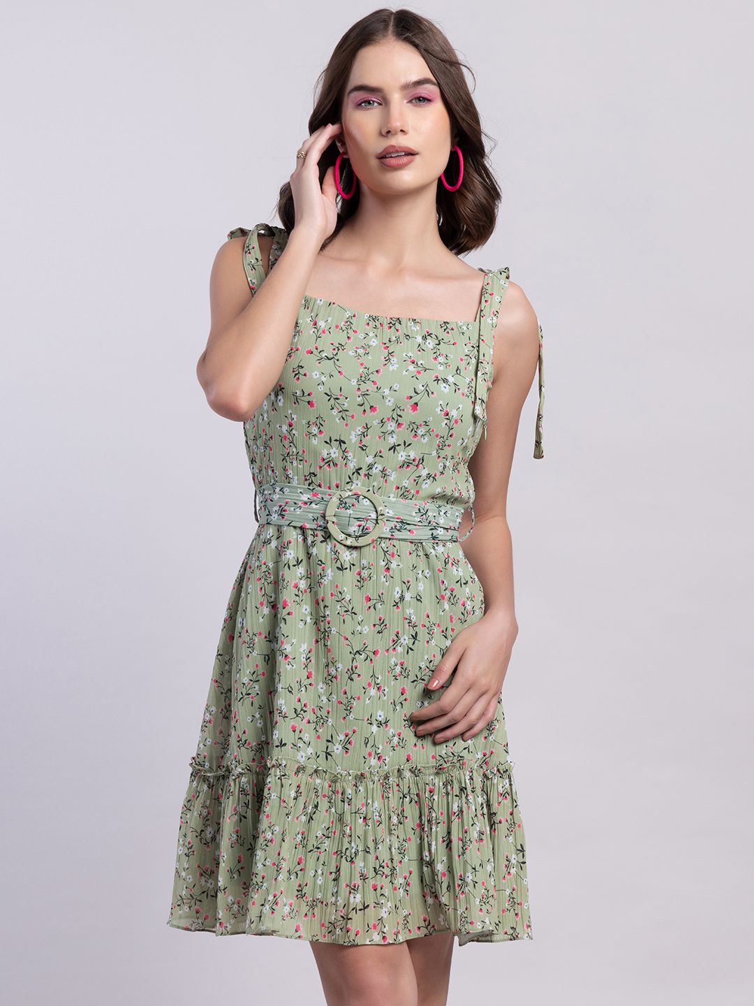 

FabAlley Green Floral Print Shoulder Straps Belted Georgette Fit & Flare Dress