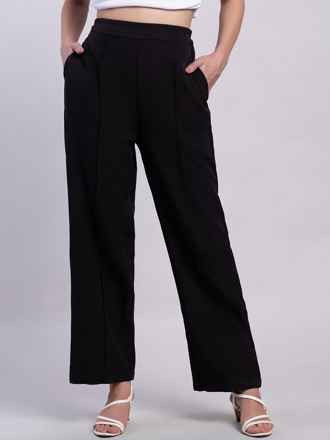 

FabAlley Women High-Rise Pleated Straight Fit Parallel Trousers, Black