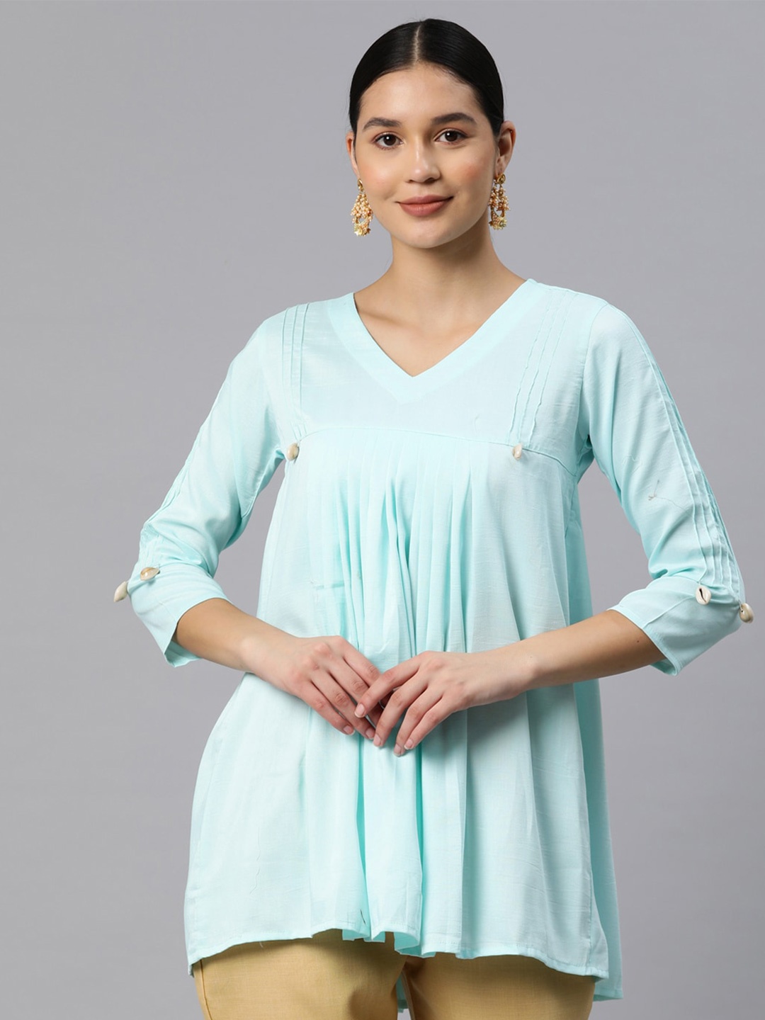 

KALINI Pleated V-Neck Cotton Tunic, Blue