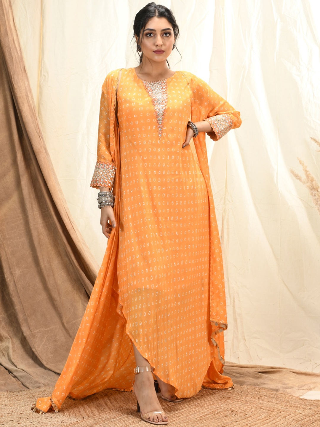 

Aaryaa By Kashveen Kohli Printed Cotton Maxi Ethnic Dresses, Orange