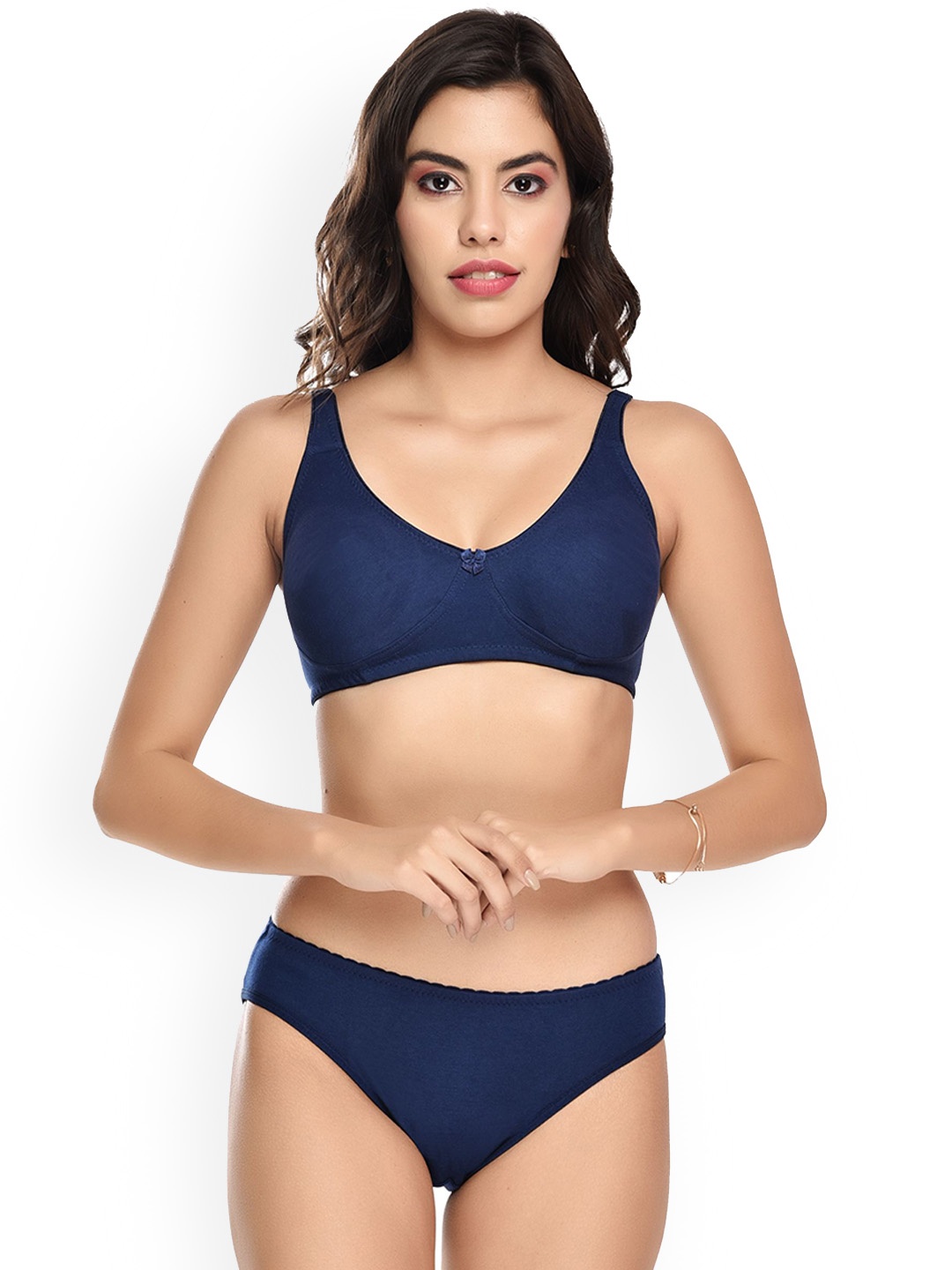 

elina Non Padded Cotton Lingerie Set, Navy blue