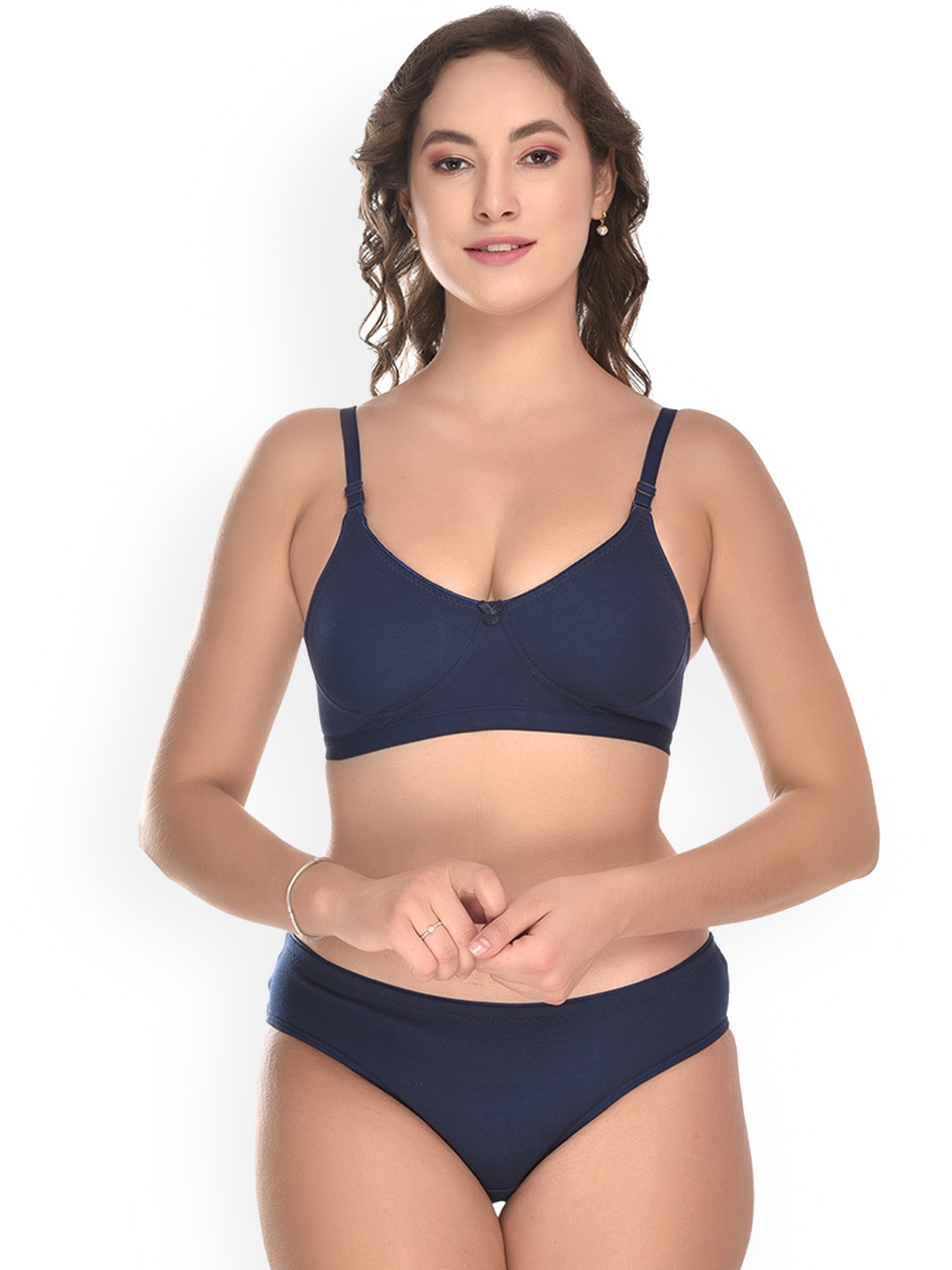 

elina Non Padded Cotton Lingerie Set, Navy blue