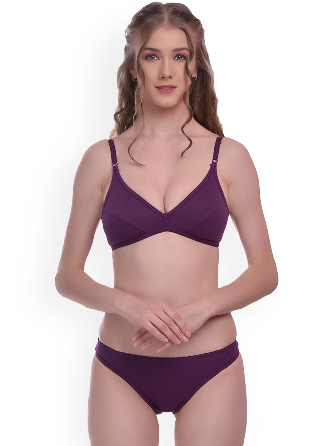 

elina Non Padded Cotton Lingerie Set, Purple