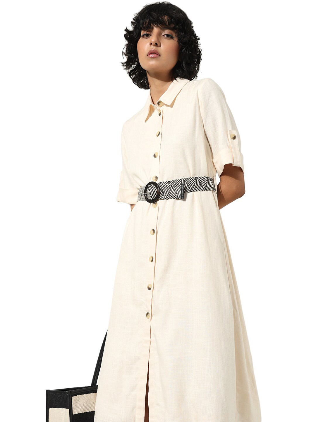 

ONLY Onldella Shirt Collar Roll-Up Sleeves Belted Detail Shirt Midi Dress, Cream