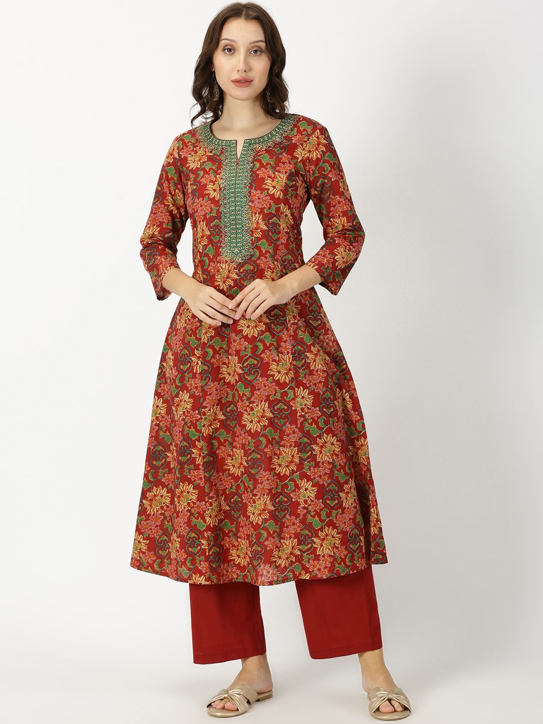 

Saffron Threads Floral Printed Flared Sleeves Gotta Patti Pure Cotton Anarkali Kurta, Red