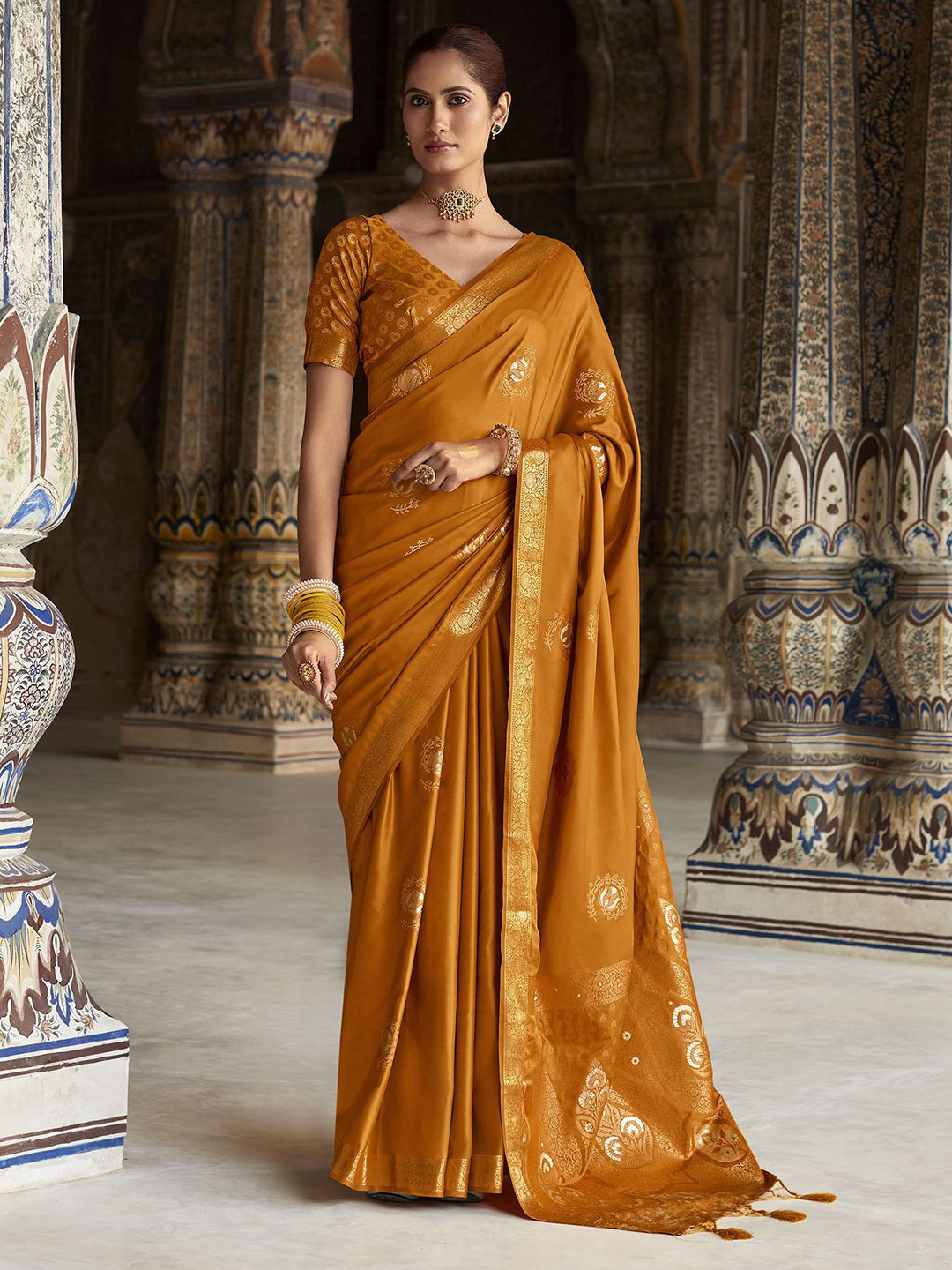 

Mitera Woven Design Zari Pure Georgette Banarasi Saree, Yellow