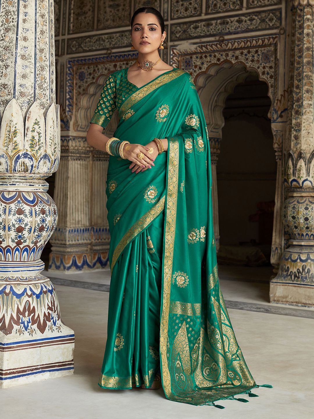 

Mitera Ethnic Motifs Zari Pure Georgette Designer Banarasi Saree, Teal