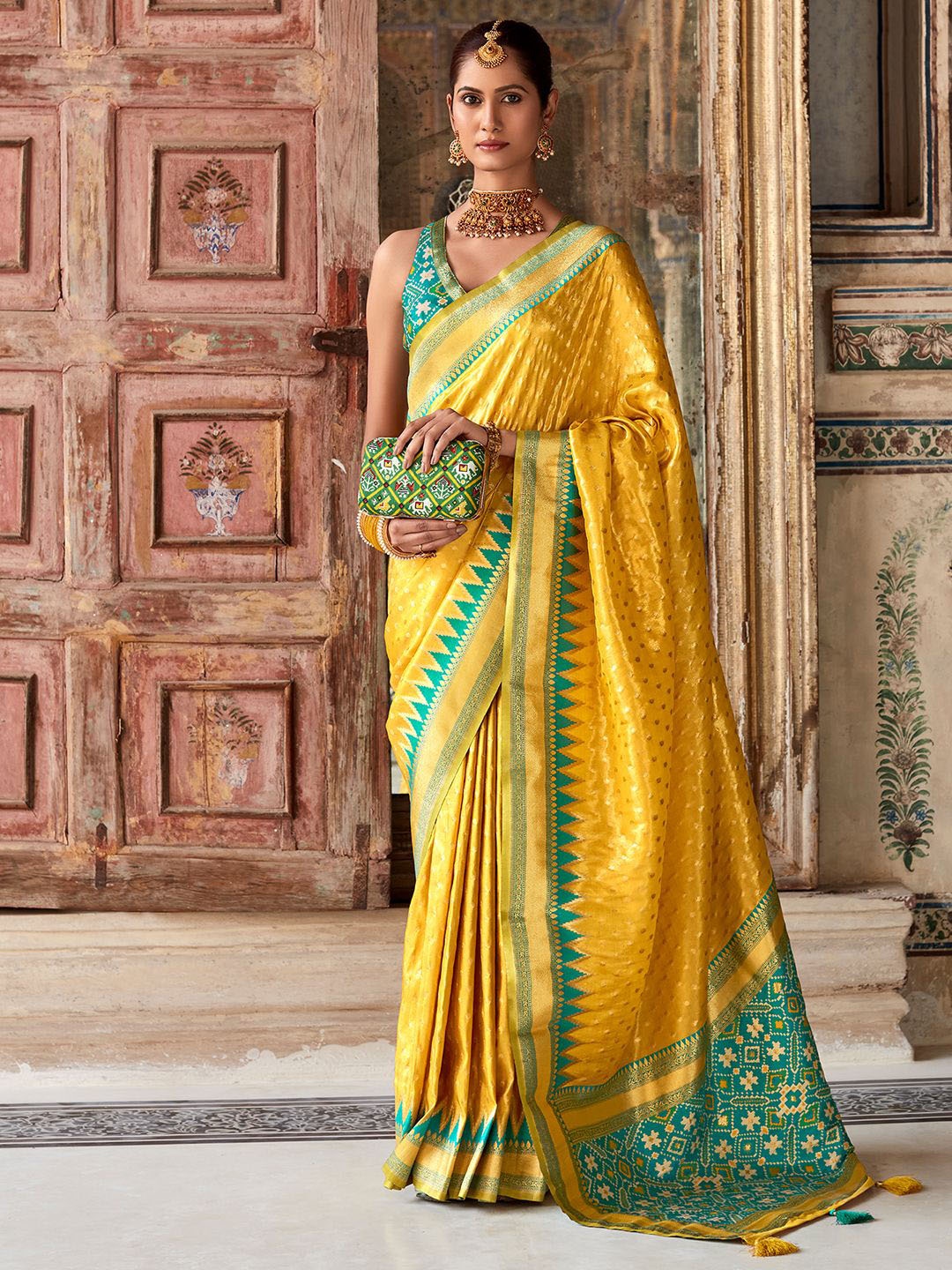 

Mitera Woven Design Zari Pure Georgette Banarasi Saree, Yellow