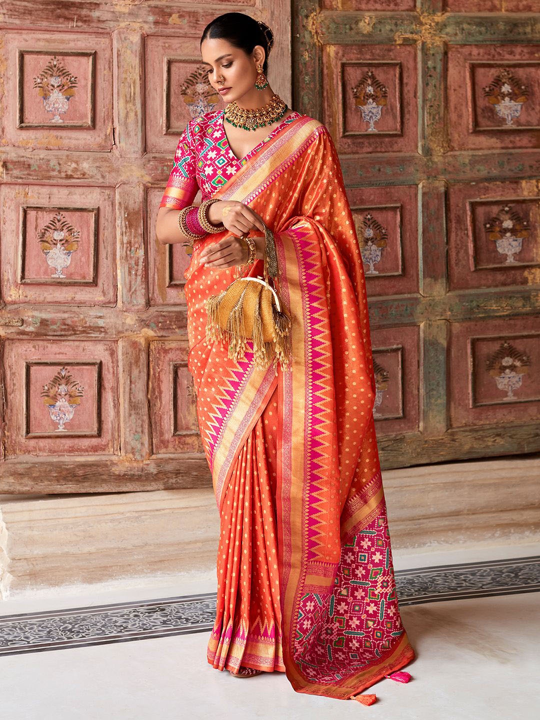 

Mitera Polka Dot Zari Pure Georgette Banarasi Saree, Orange