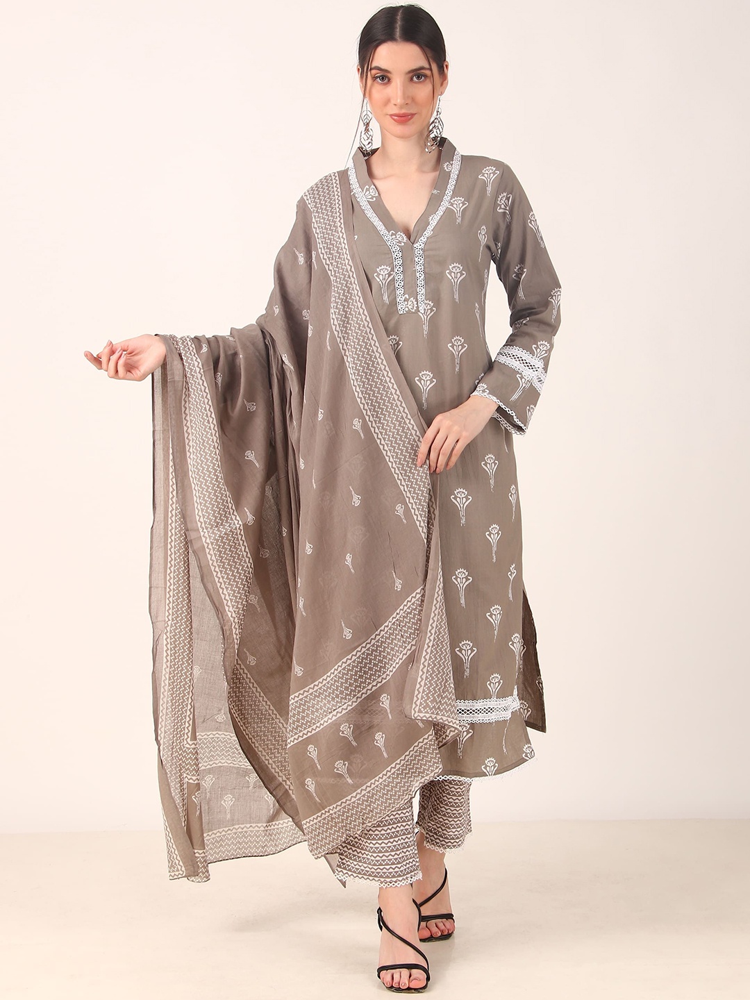 

KALINI Floral Printed Regular Thread Work Pure Cotton Kurta With Trouser & Dupatta, Grey