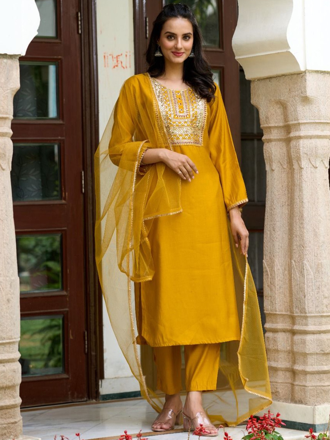 

THE52 Floral Yoke Design Sequinned Chanderi Silk Straight Kurta With Trousers & Dupatta, Yellow