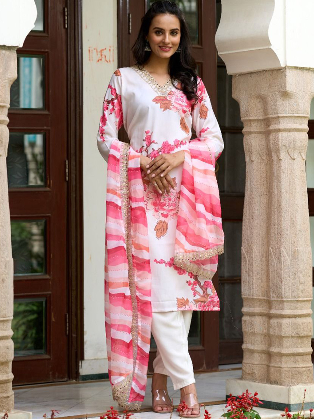 

THE52 Floral Printed Thread Work V-Neck Organza Straight Kurta With Trousers & Dupatta, White