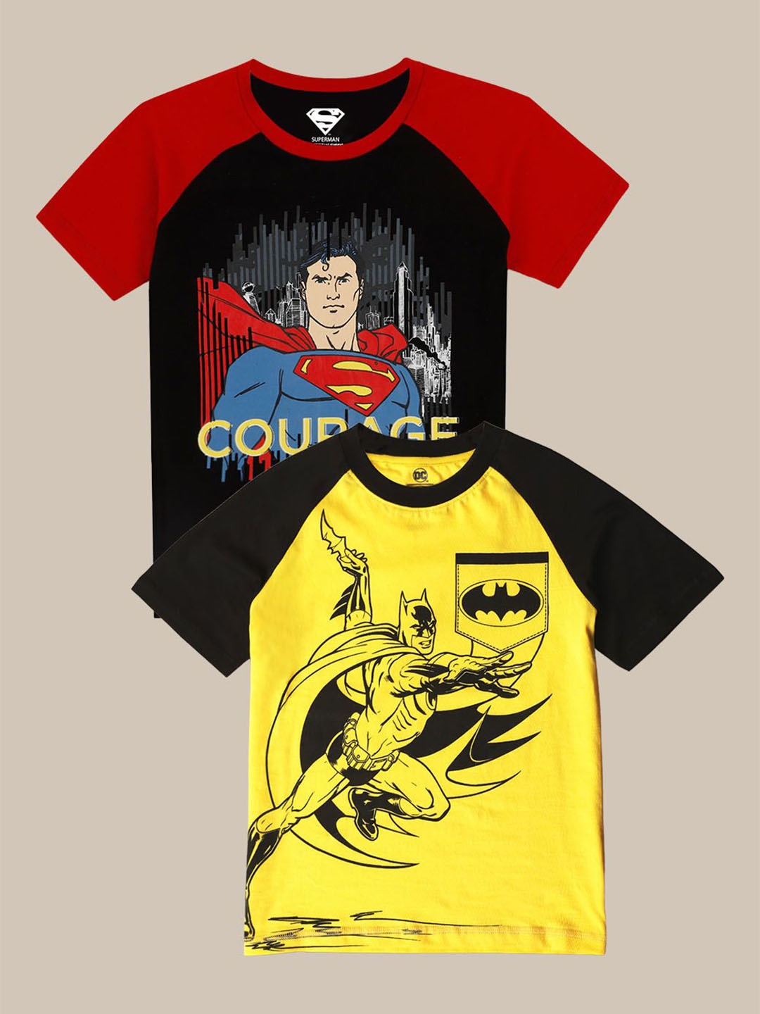 

Kids Ville Boys Set of 2 Dc Comics Printed Pure Cotton Round Neck Raglan Sleeves T-shirts, Yellow