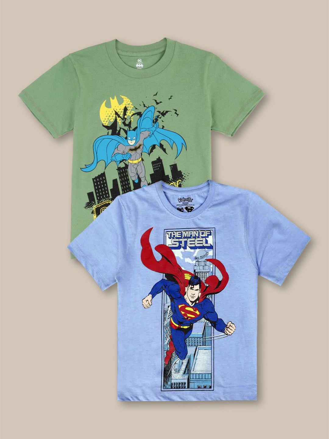 

Kids Ville Boys Pack Of 2 Dc Comics Printed Pure Cotton T-Shirts, Blue