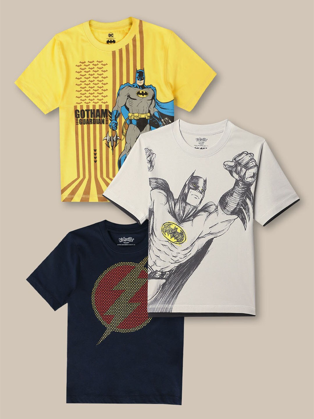 

Kids Ville Boys Set Of 3 Dc Comics Printed Round Neck T-shirts, Yellow