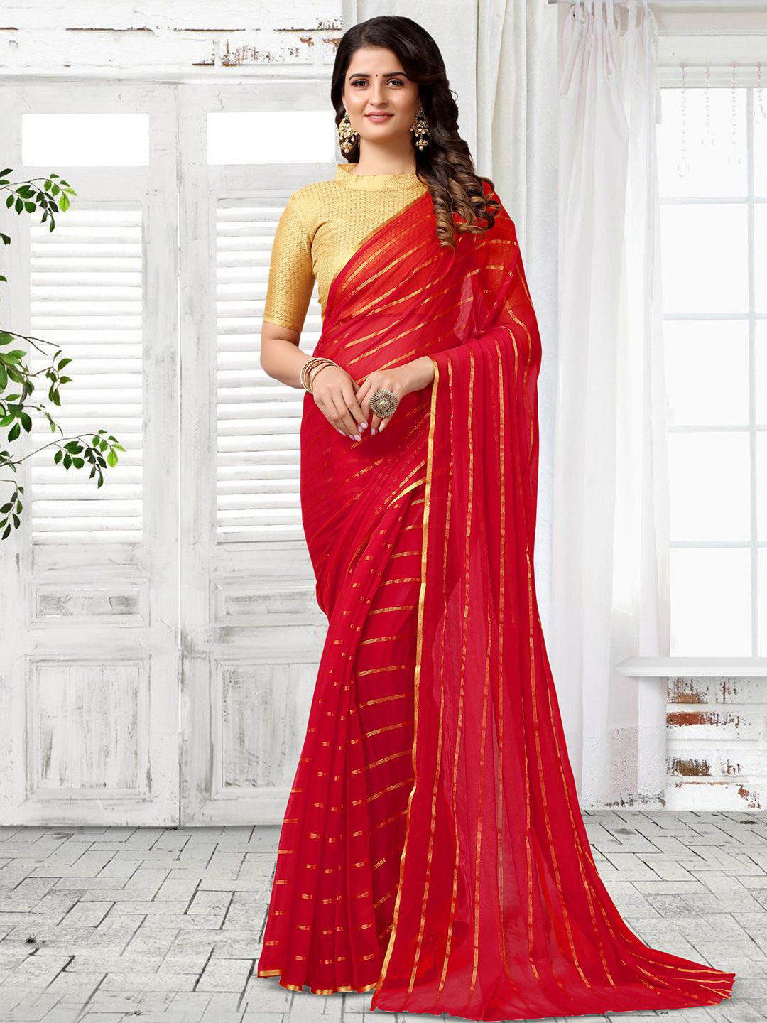 

Satrani Striped Zari Pure Chiffon Saree, Red
