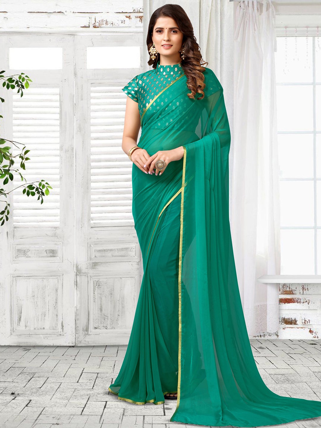 

Satrani Zari Pure Chiffon Saree, Green
