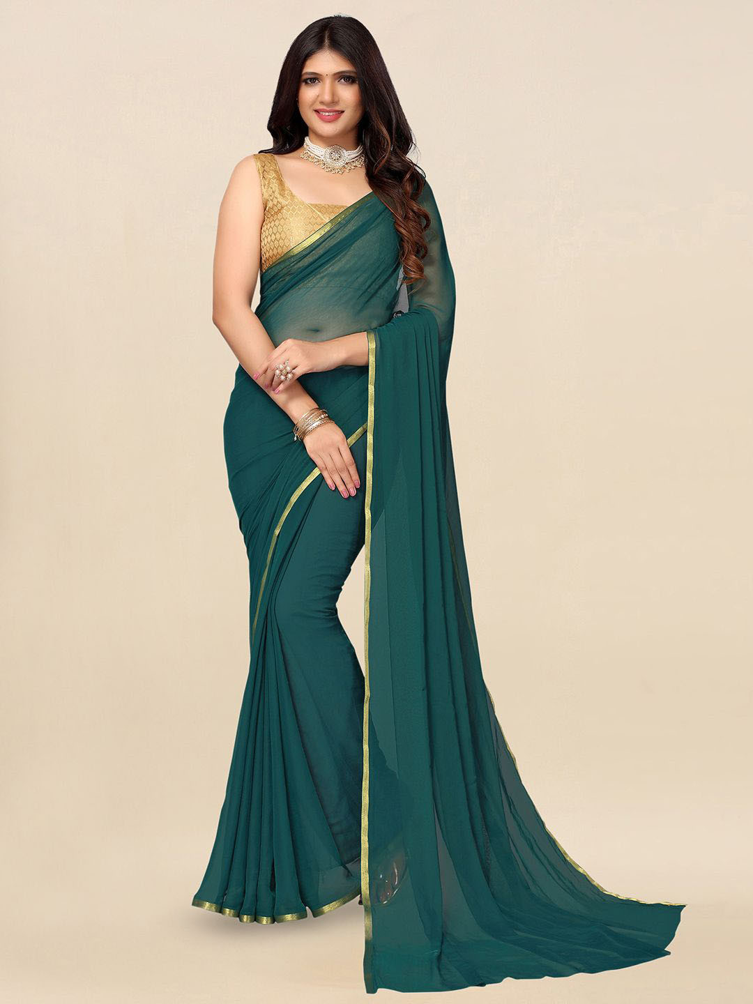 

Satrani Zari Pure Chiffon Saree With Blouse Piece, Green