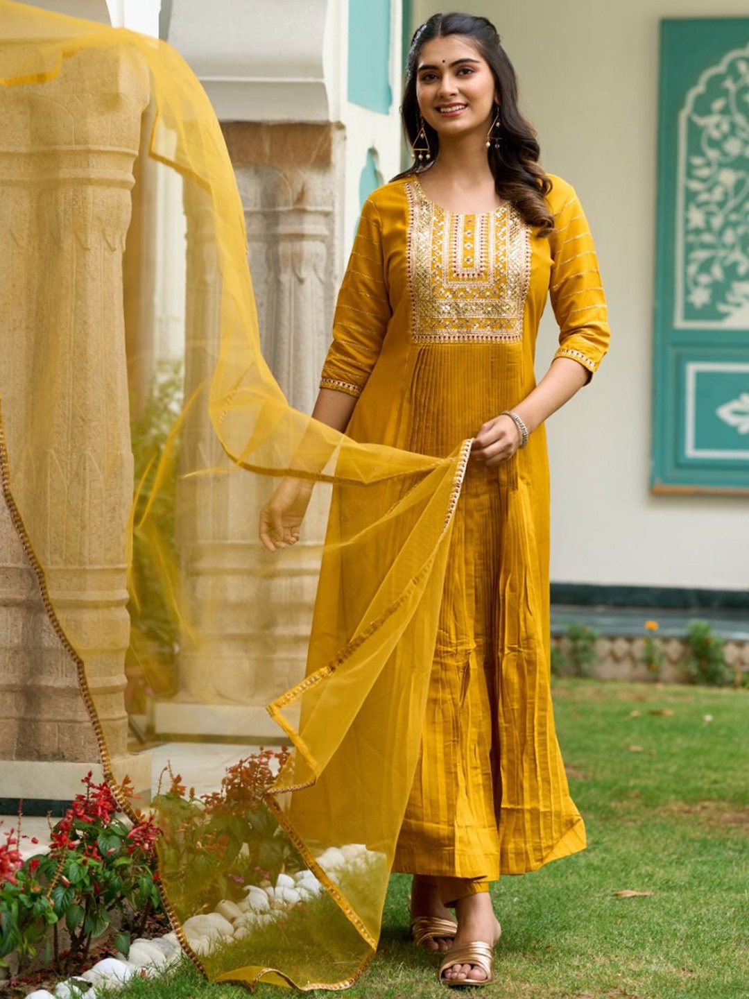 

THE52 Yoke Design Sequinned Chanderi Silk A-Line Pleated Kurta With Trousers & Dupatta, Mustard