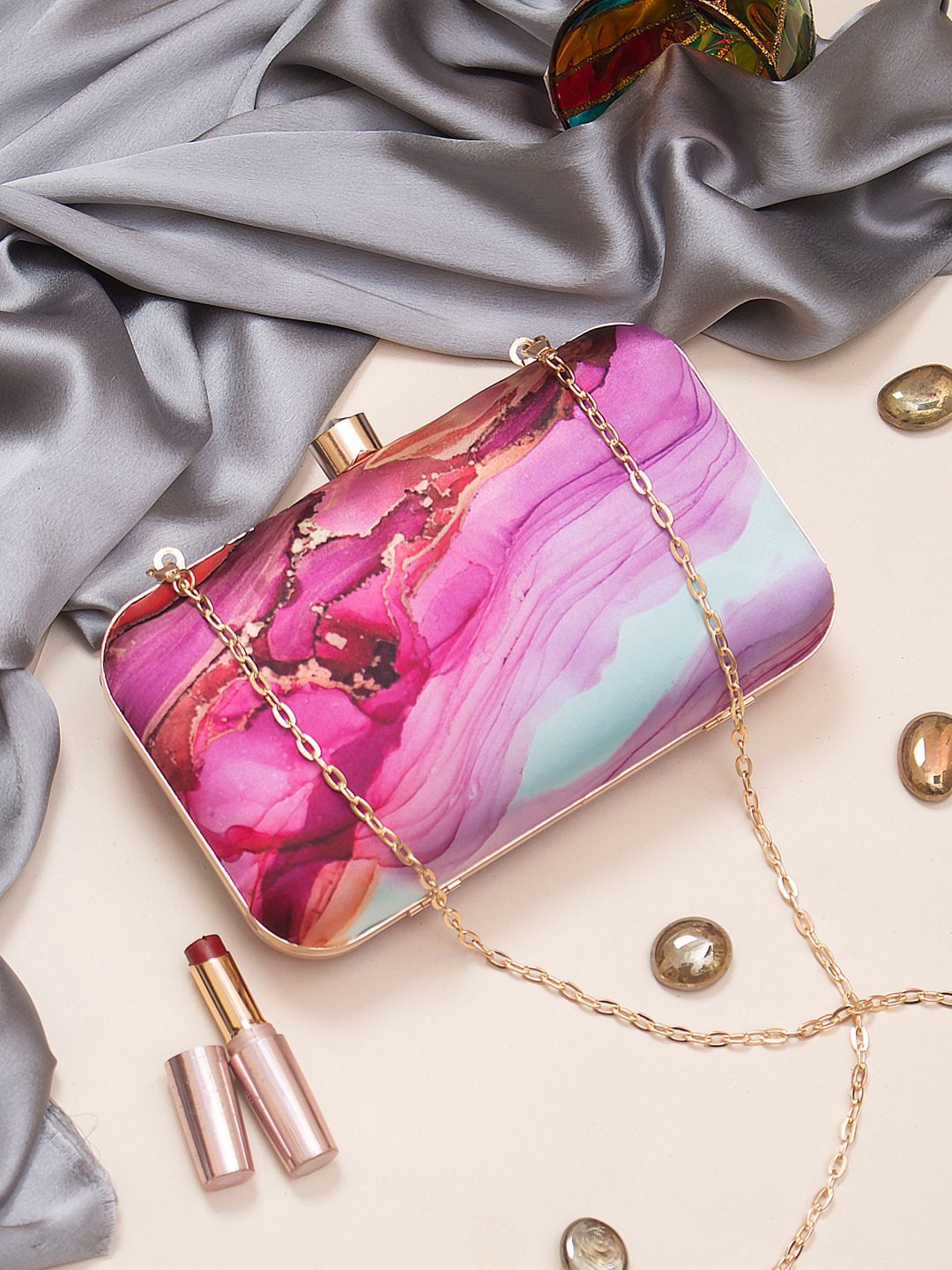 

Sangria Printed Box Clutch With Shoulder Strap, Pink