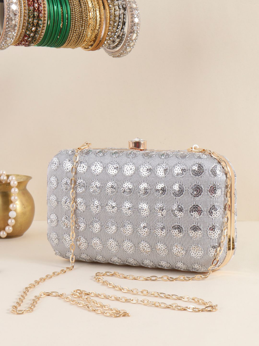 

Sangria Silver-Toned Embellished Sequinned Box Clutch