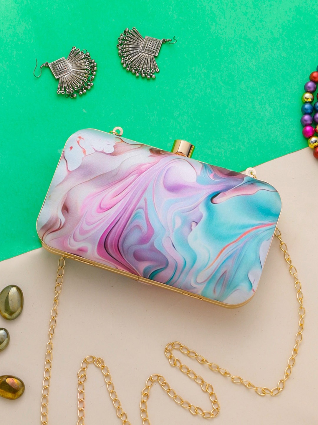 

Sangria Purple & Blue Printed Box Clutch
