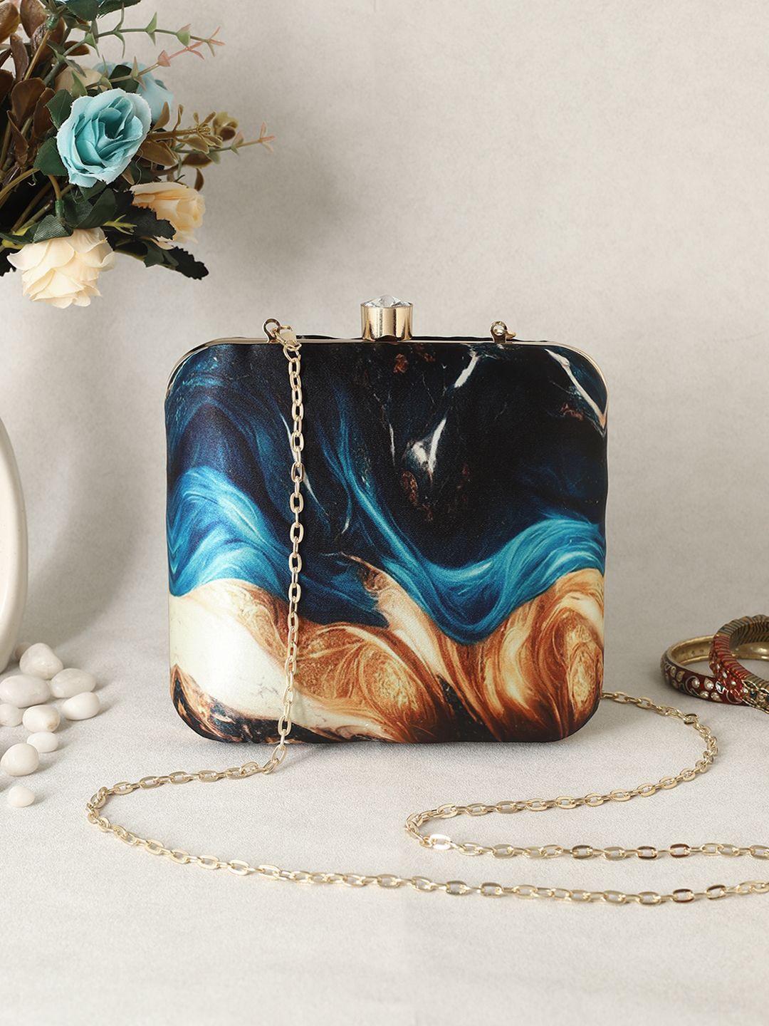 

Sangria Blue Printed Box Clutch