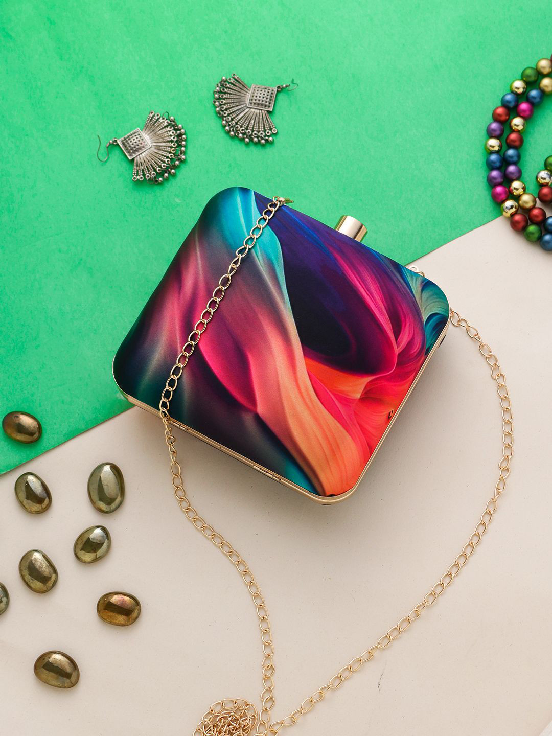 

Sangria Red Abstract Printed Box Clutch