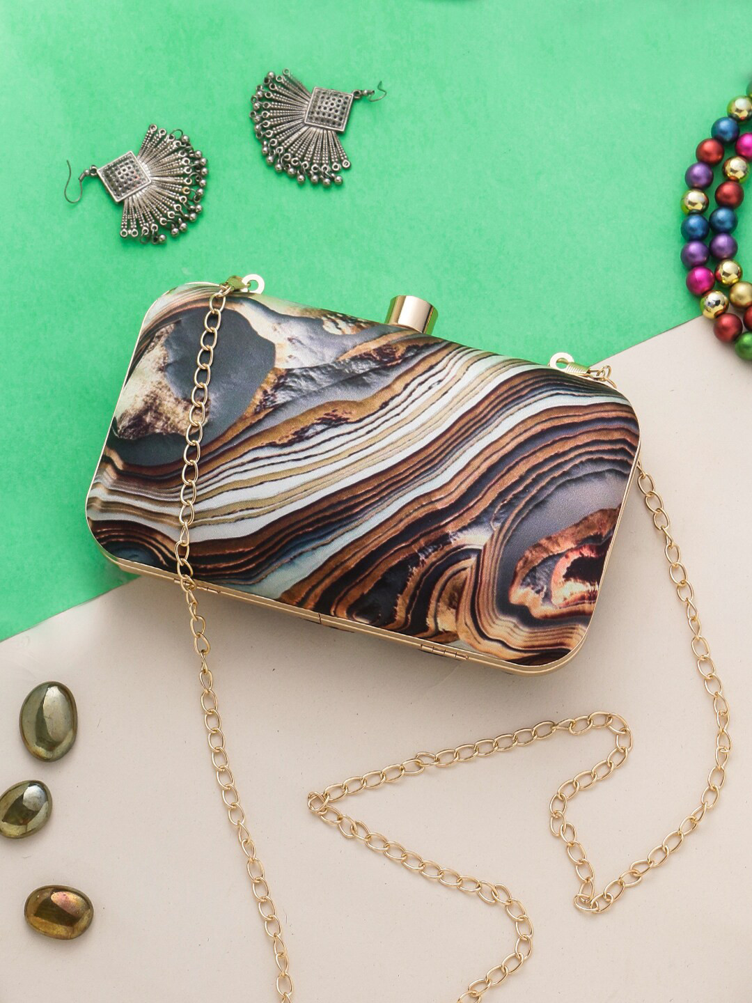 

Sangria Brown Printed Box Clutch