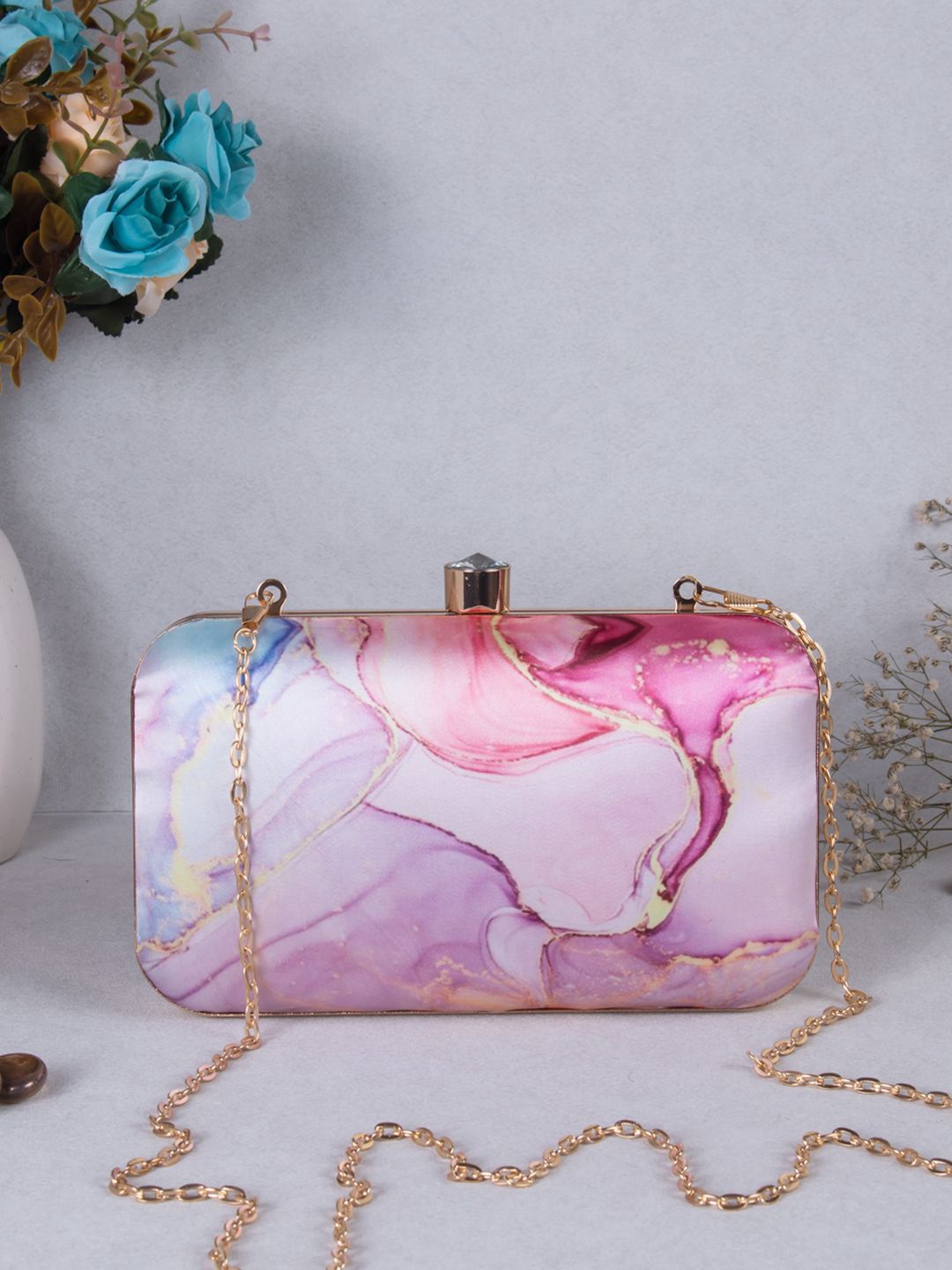 

Sangria Pink Abstract Printed Box Clutch