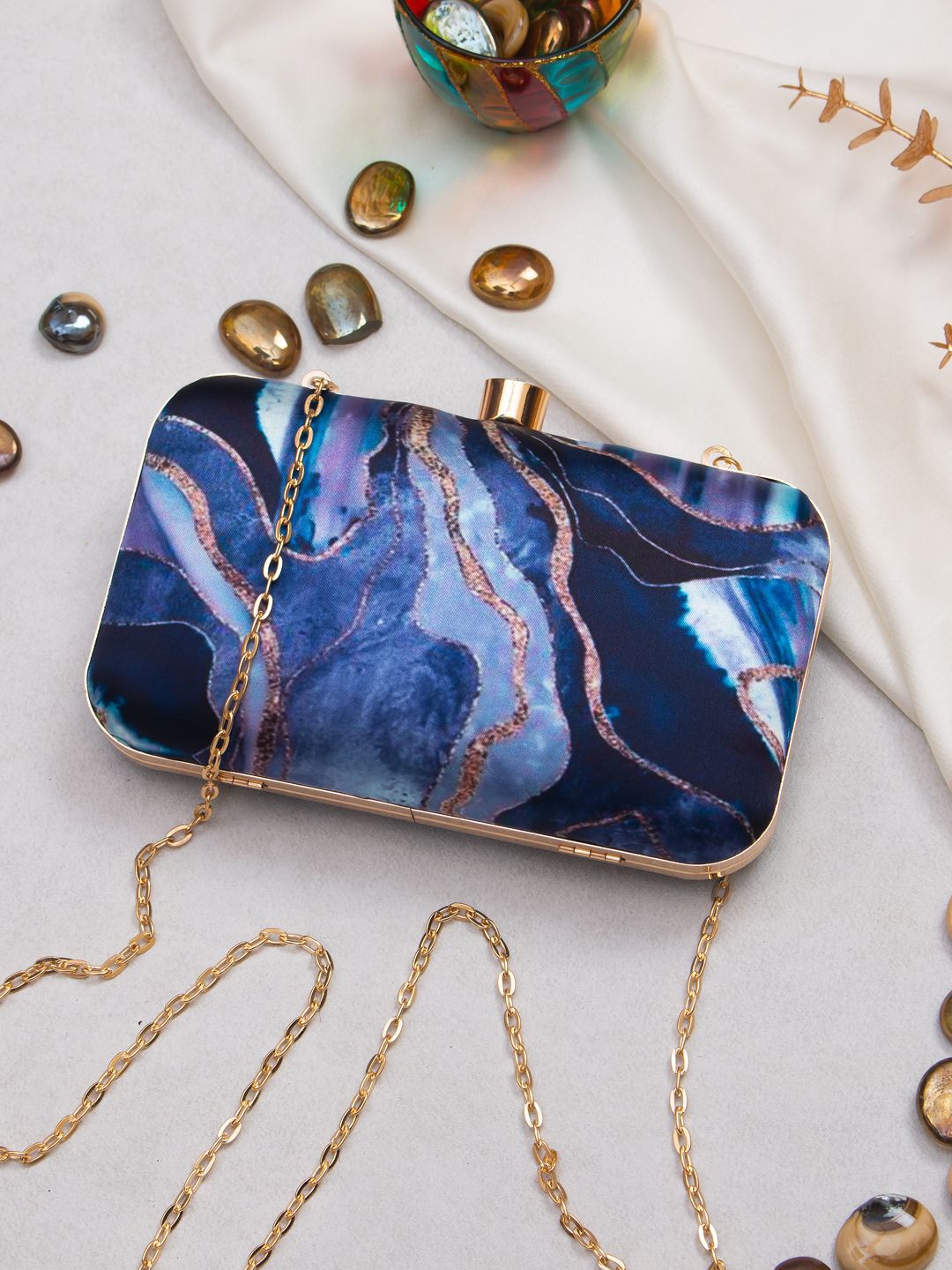 

Sangria Blue Abstract Printed Box Clutch