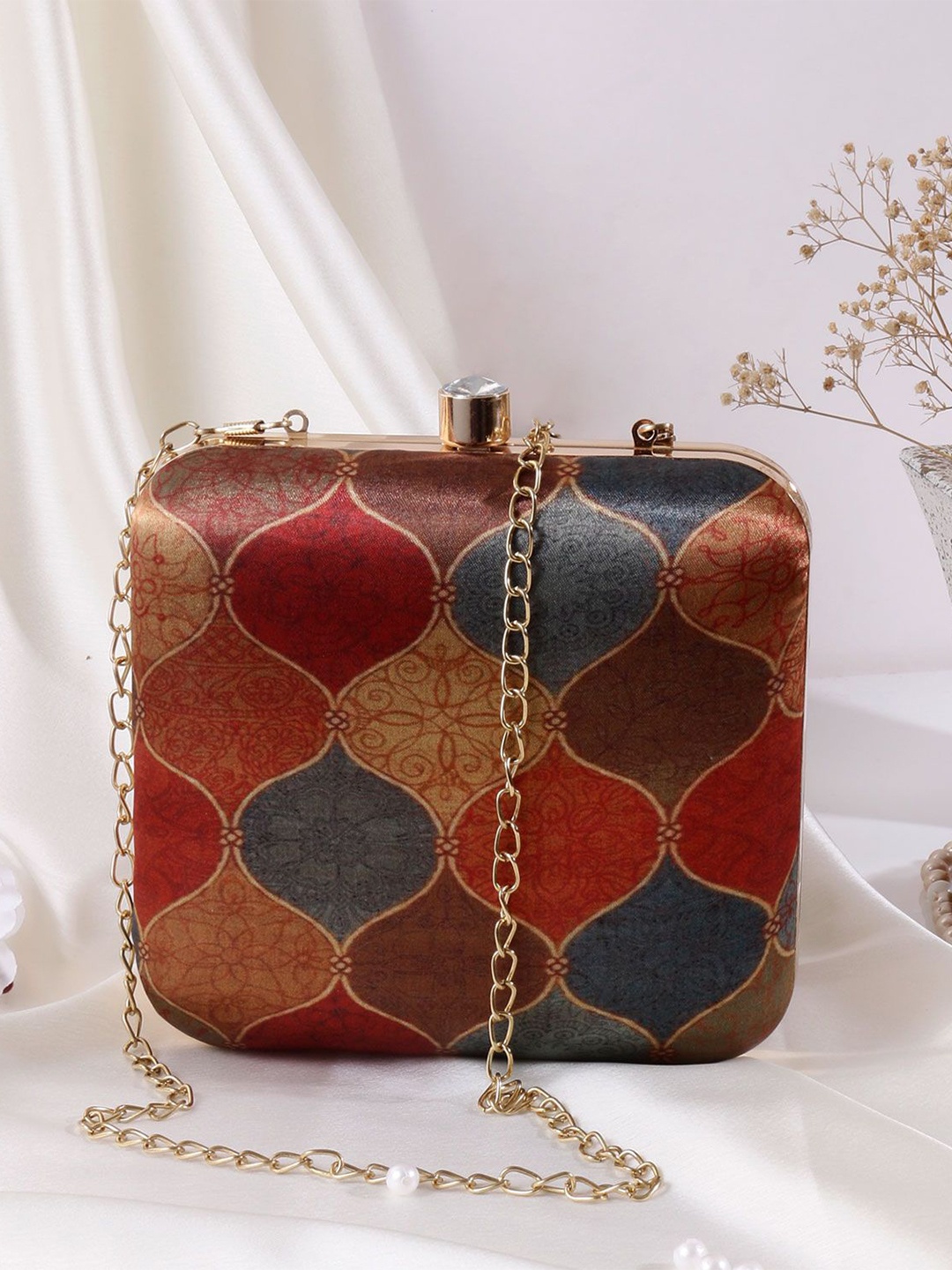 

Sangria Brown Printed Box Clutch