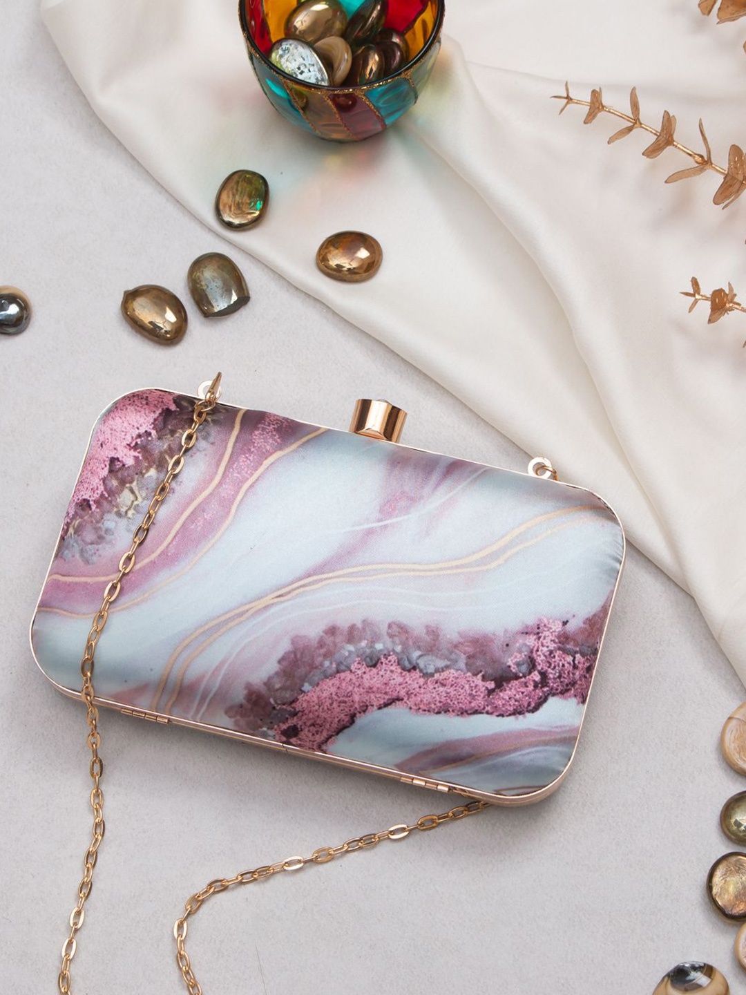 

Sangria Pink Abstract Printed Box Clutch