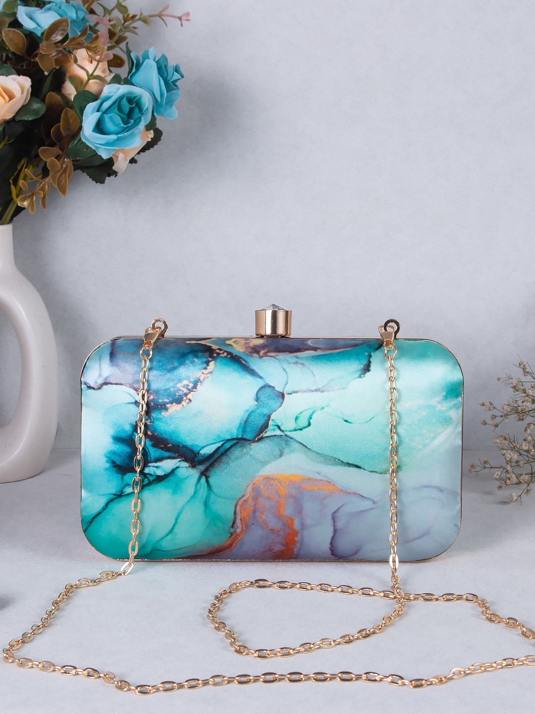 

Sangria Sea Green Printed Box Clutch