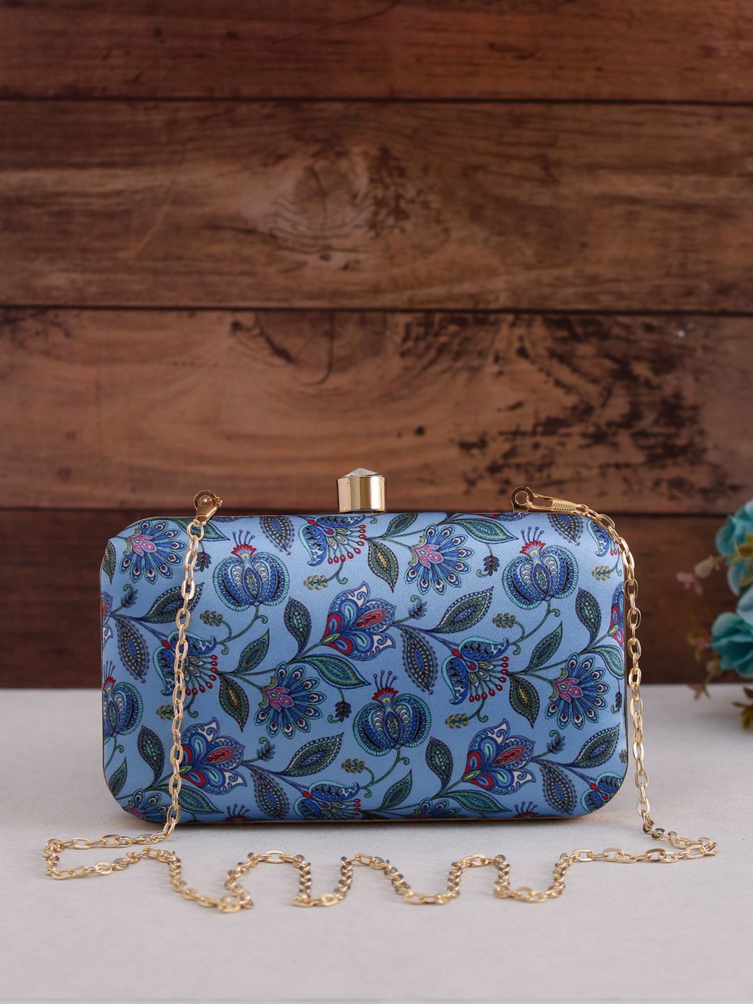 

Sangria Blue Floral Printed Box Clutch