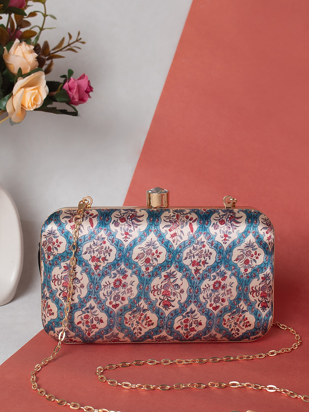 

Sangria Blue Ethnic Motifs Printed Box Clutch