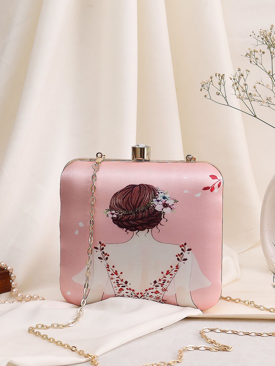 

Sangria Peach-Coloured Printed Box Clutch